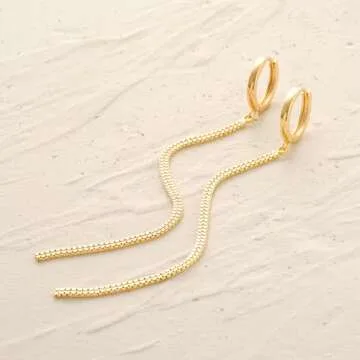 MYEARS Women Chain Earrings Gold Huggie Hoop Dangle Drop 14K Gold Filled Small Boho Beach Simple Delicate Handmade Hypoallergenic Jewelry Gift - Flat Duo Box Chain
