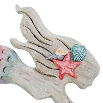 Morning View Wooden Mermaid Wall Decor Nautical Hanging Plaque Sign Wood Mermaid Wall Sculpture Large Coastal Wall Art Rustic Beach Ocean Sea for Bathroom Home House 17X6.5 Inches (Pink)