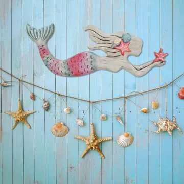 Morning View Wooden Mermaid Wall Decor Nautical Hanging Plaque Sign Wood Mermaid Wall Sculpture Large Coastal Wall Art Rustic Beach Ocean Sea for Bathroom Home House 17X6.5 Inches (Pink)