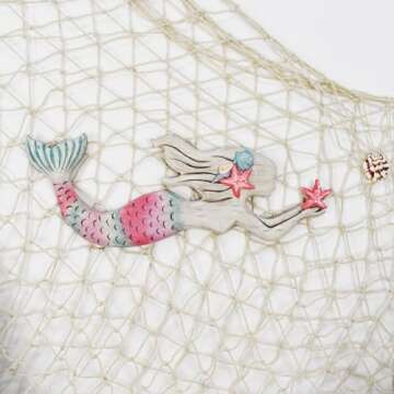 Morning View Wooden Mermaid Wall Decor Nautical Hanging Plaque Sign Wood Mermaid Wall Sculpture Large Coastal Wall Art Rustic Beach Ocean Sea for Bathroom Home House 17X6.5 Inches (Pink)