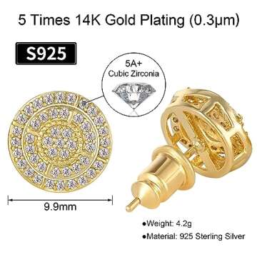 VEXXS Diamond Stud Earrings for Men, 14K Gold Plated Iced Out Earrings 5A CZ Stones Hypoallergenic E...