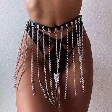 Bodiy Punk Leather Belly Chain Belt Silver Tassel Waist Chains Sexy Rave Body Chain Jewelry Accessories for Women and Girls