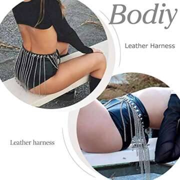 Bodiy Punk Leather Belly Chain Belt Silver Tassel Waist Chains Sexy Rave Body Chain Jewelry Accessories for Women and Girls