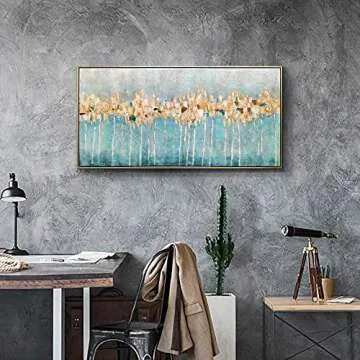 Large Abstract Landscape Canvas Painting: Rustic Hand-painted Texturing Gold Foils Brushstroke Gray Artwork Golden Framed Wall Art for Office (48" W x 24" H,Multi-Sized)