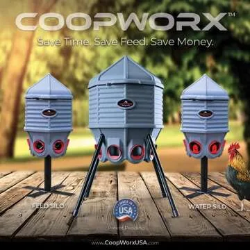 CoopWorx Poultry Feeder - 80 lb Capacity - Adjustable Height - UV Stable - Weather Resistant - 8 Feed Ports - Silo Shaped Design - Rust-Proof - Intended for Chickens/Ducks/Turkeys - Made in USA