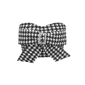 WDIRARA Women's Houndstooth Rhinestone Strapless Bow Front Crop Tube Top Black and White S