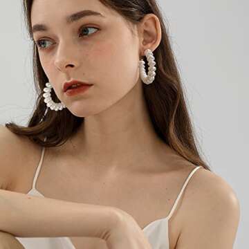 Pearl Hoop Earrings for Women,14K Gold Plated Open Large Circle Round Pearl Earrings Women Fashion Jewelry 48mm