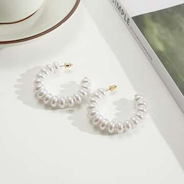 Pearl Hoop Earrings for Women,14K Gold Plated Open Large Circle Round Pearl Earrings Women Fashion Jewelry 48mm