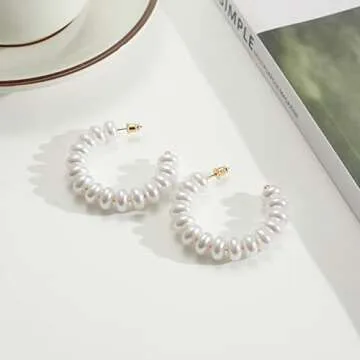 Pearl Hoop Earrings for Women,14K Gold Plated Open Large Circle Round Pearl Earrings Women Fashion Jewelry 48mm