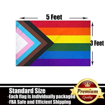 Progress Pride Rainbow Flag 3x5 Outdoor-210D Sewn Stripes LGBTQ Gay Lesbian Bisexual Transgender All Inlcusive Progressive Pride Rainbow Flag Vivid Color Polyester Flags with 2 Brass Grommets