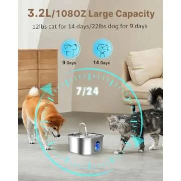 Petbank Cat Water Fountain, 108oz/3.2L Quiet Pet Water Fountain Indoor, Cat Water Fountain Stainless Steel, Water Level Window & Low Water Mark, Cat Fountain for Drinking - Water Shortage Protection
