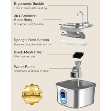 Petbank Cat Water Fountain, 108oz/3.2L Quiet Pet Water Fountain Indoor, Cat Water Fountain Stainless Steel, Water Level Window & Low Water Mark, Cat Fountain for Drinking - Water Shortage Protection