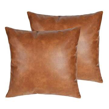 SEEKSEE Brown Faux Leather Accent Throw Pillow Cover 18x18 inch, 2-Pack Modern Country Farmhouse Sty...