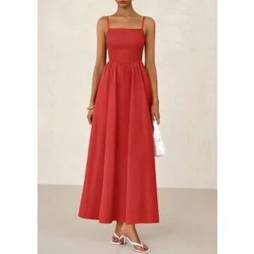 PRETTYGARDEN Women's Smocked Maxi Dresses 2025 Summer Beach Sundress Casual Spaghetti Strap Swing A Line Long Flowy Dress (Red,Small)