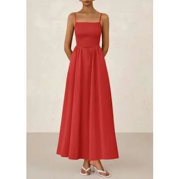 PRETTYGARDEN Women's Smocked Maxi Dresses 2025 Summer Beach Sundress Casual Spaghetti Strap Swing A Line Long Flowy Dress (Red,Small)