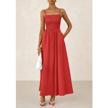 PRETTYGARDEN Women's Smocked Maxi Dresses 2025 Summer Beach Sundress Casual Spaghetti Strap Swing A Line Long Flowy Dress (Red,Small)