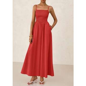 PRETTYGARDEN Women's Smocked Maxi Dresses 2025 Summer Beach Sundress Casual Spaghetti Strap Swing A Line Long Flowy Dress (Red,Small)