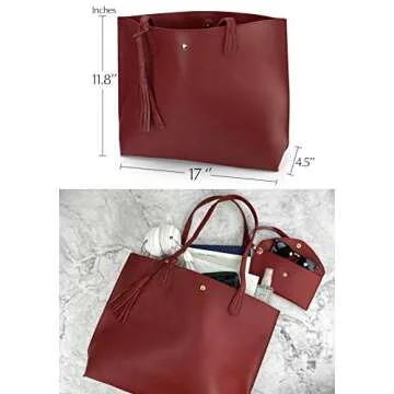 Minimalist Clean Cut Pebbled Faux Leather Tote Womens Shoulder Handbag (Dark Red) Medium