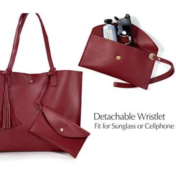 Minimalist Clean Cut Pebbled Faux Leather Tote Womens Shoulder Handbag (Dark Red) Medium