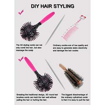 Aaiffey 3D Round Hair Brushes for Women - Blow Drying, Detangling 360-Degree Styling Brush for Thick Curly Hair