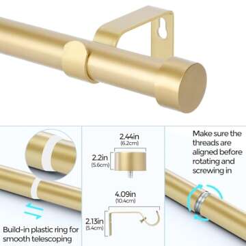 VOIIY 2 Pack Gold Curtain Rods for Windows 18 to 45 Inch(1.5-3.75 Feet),1" Diameter Drapery Rods with Modern Style End Cap Finials,Size:18-45 Inch