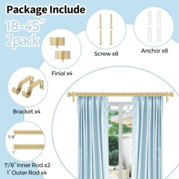VOIIY 2 Pack Gold Curtain Rods for Windows 18 to 45 Inch(1.5-3.75 Feet),1" Diameter Drapery Rods with Modern Style End Cap Finials,Size:18-45 Inch