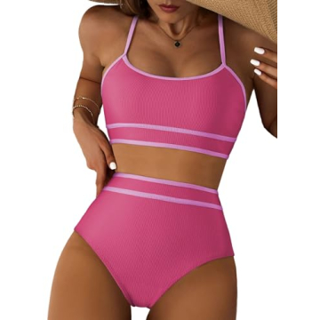 Herseas Women’s Hot Pink Ribbed Bikini Set - X-Large, Adjustable Straps, High Waisted