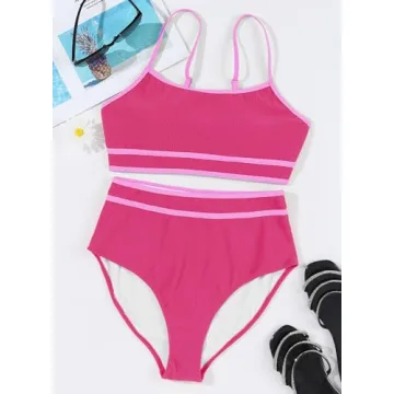 Herseas Hot Pink Adjustable Ribbed Bikini Set for Women