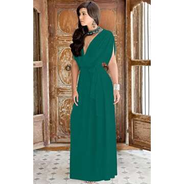 KOH KOH Womens Long Semi-Formal Short Sleeve V-Neck Full Floor Length V-Neck Flowy Cocktail Wedding Guest Party Bridesmaid Maxi Dress Dresses Gown Gowns, Emerald Green XL 14-16