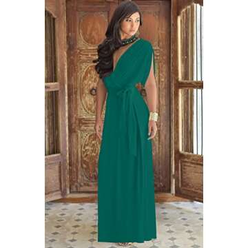 KOH KOH Womens Long Semi-Formal Short Sleeve V-Neck Full Floor Length V-Neck Flowy Cocktail Wedding Guest Party Bridesmaid Maxi Dress Dresses Gown Gowns, Emerald Green XL 14-16