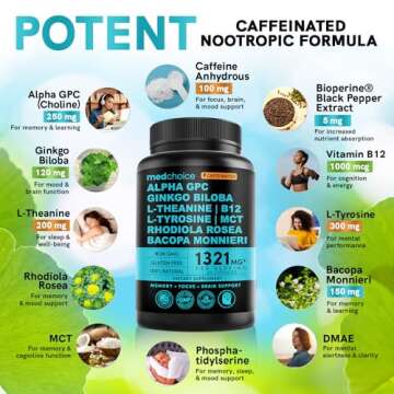 12-in-1 Nootropic Brain Supplement with Caffeine Anhydrous: Ginkgo Biloba for Brain Support, Memory and Focus - B12, Alpha GPC, L Theanine and Choline Supplements with Bioperine with 1321mg (60ct)