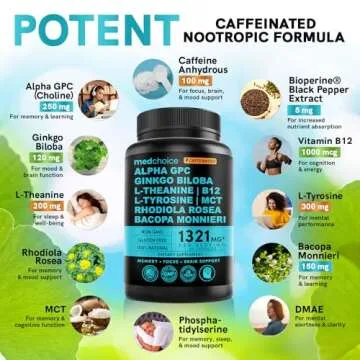 12-in-1 Nootropic Brain Supplement with Caffeine Anhydrous: Ginkgo Biloba for Brain Support, Memory and Focus - B12, Alpha GPC, L Theanine and Choline Supplements with Bioperine with 1321mg (60ct)