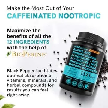 12-in-1 Nootropic Brain Supplement with Caffeine Anhydrous: Ginkgo Biloba for Brain Support, Memory and Focus - B12, Alpha GPC, L Theanine and Choline Supplements with Bioperine with 1321mg (60ct)