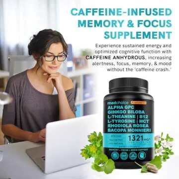 12-in-1 Nootropic Brain Supplement with Caffeine Anhydrous: Ginkgo Biloba for Brain Support, Memory and Focus - B12, Alpha GPC, L Theanine and Choline Supplements with Bioperine with 1321mg (60ct)