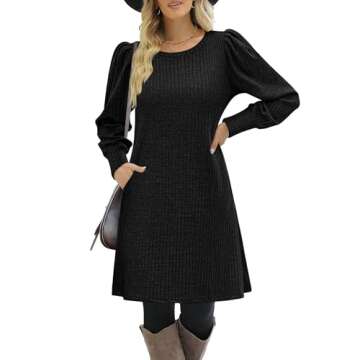 Zeagoo Women Knit Dress Puff Long Sleeve Dress for Fall Winter Round Neck Casual Dress, Black M