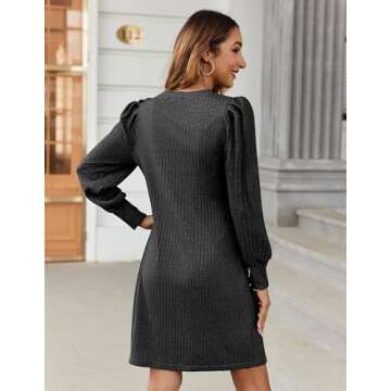 Zeagoo Women Knit Dress Puff Long Sleeve Dress for Fall Winter Round Neck Casual Dress, Black M