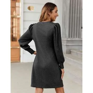Zeagoo Women Knit Dress Puff Long Sleeve Dress for Fall Winter Round Neck Casual Dress, Black M
