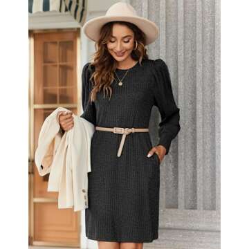 Zeagoo Women Knit Dress Puff Long Sleeve Dress for Fall Winter Round Neck Casual Dress, Black M