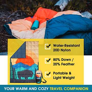 4Monster Outdoor Down Blankets Camping Blanket 650 Fill Travel Down Quilt Compact Waterproof for Picnics, Beach Trips, Camping and Backpacking (National Park A, 54 * 80")