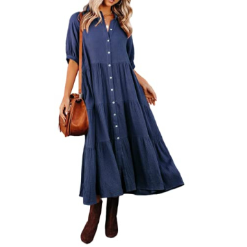 R.Vivimos Women's Summer Cotton Half Sleeves Button Down Casual Loose Slit Midi Dress with Pockets (...