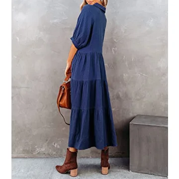 R.Vivimos Women's Summer Cotton Half Sleeves Button Down Casual Loose Slit Midi Dress with Pockets (Medium, NavyBlue)
