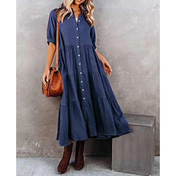 R.Vivimos Women's Summer Cotton Half Sleeves Button Down Casual Loose Slit Midi Dress with Pockets (Medium, NavyBlue)