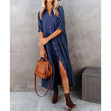 R.Vivimos Women's Summer Cotton Half Sleeves Button Down Casual Loose Slit Midi Dress with Pockets (Medium, NavyBlue)