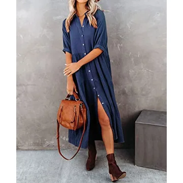 R.Vivimos Women's Summer Cotton Half Sleeves Button Down Casual Loose Slit Midi Dress with Pockets (Medium, NavyBlue)