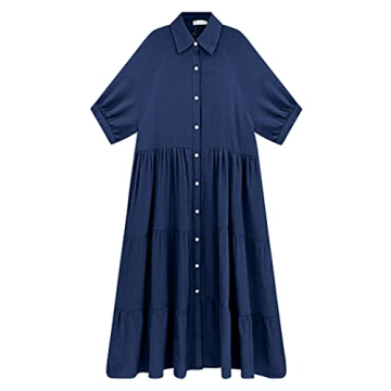 R.Vivimos Women's Summer Cotton Half Sleeves Button Down Casual Loose Slit Midi Dress with Pockets (Medium, NavyBlue)