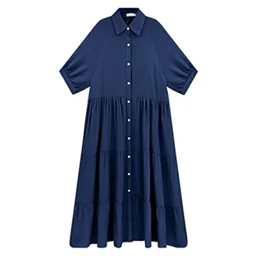 R.Vivimos Women's Summer Cotton Half Sleeves Button Down Casual Loose Slit Midi Dress with Pockets (Medium, NavyBlue)