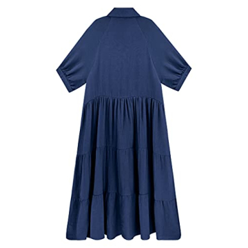 R.Vivimos Women's Summer Cotton Half Sleeves Button Down Casual Loose Slit Midi Dress with Pockets (Medium, NavyBlue)
