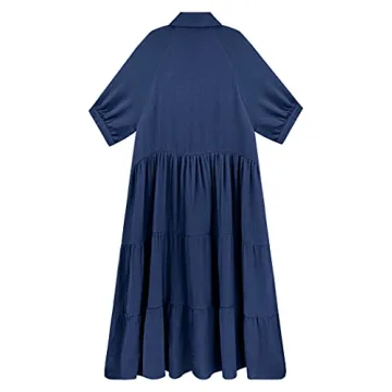 R.Vivimos Women's Summer Cotton Half Sleeves Button Down Casual Loose Slit Midi Dress with Pockets (Medium, NavyBlue)