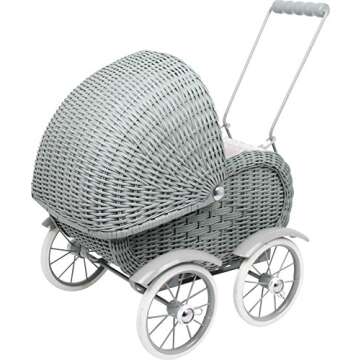 Small Foot Toys Baby Doll Grey Vintage Wicker Pram Designed for Children Ages 3+ Years