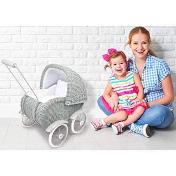 Small Foot Toys Baby Doll Grey Vintage Wicker Pram Designed for Children Ages 3+ Years